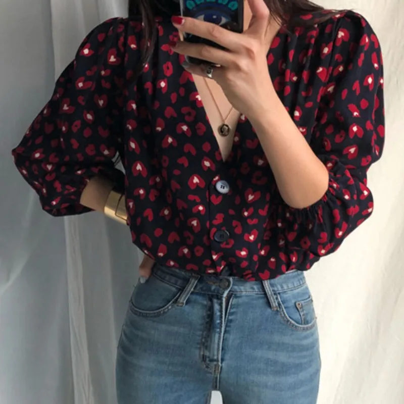 

Houthion New Long-sleeved Women's Blouse Printed Top V-neck Loose Comfortable Casual Fashion Blouses Summer Korean Shirt