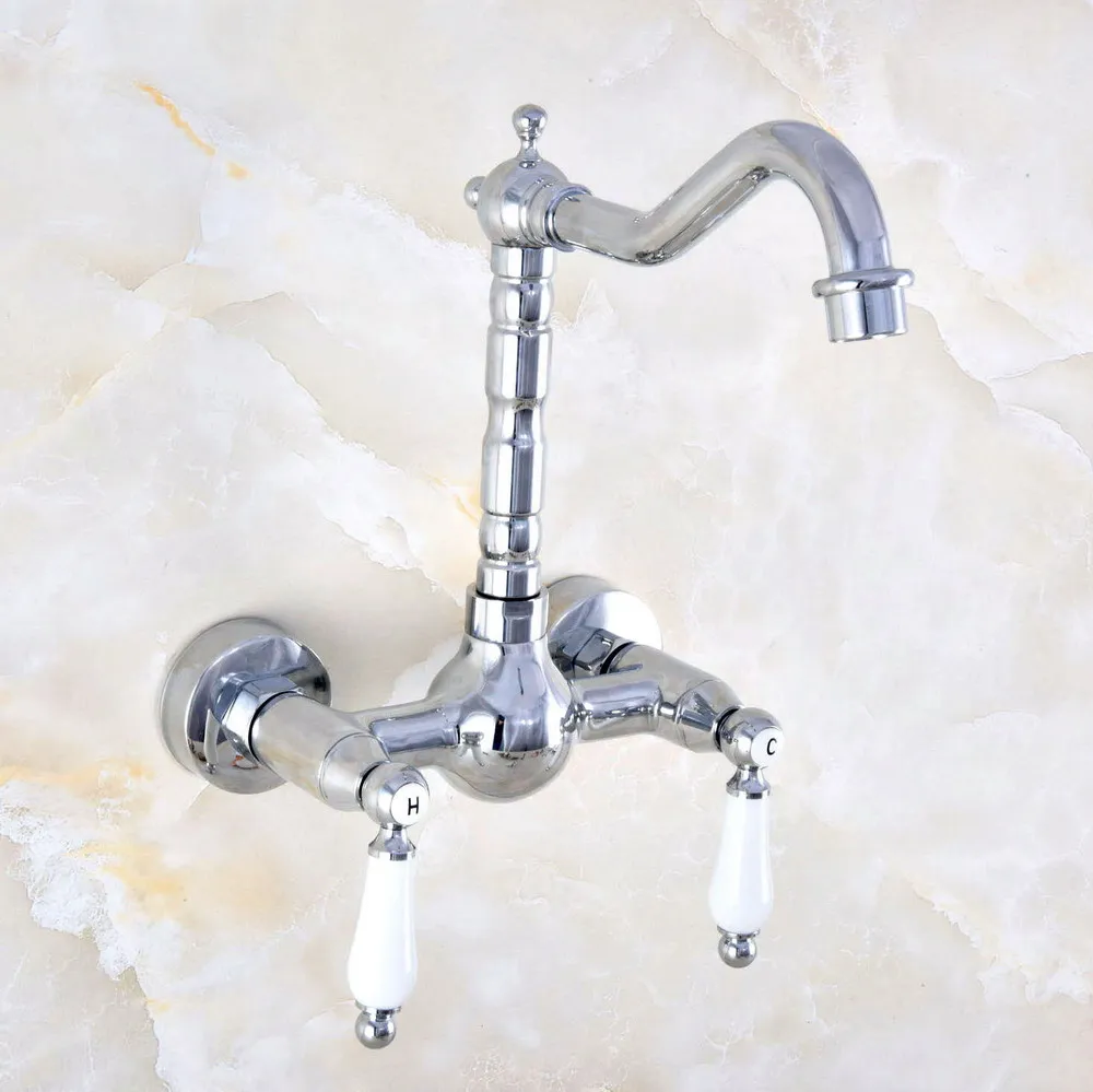 

Хромированный латунный настенный смеситель для кухни ванной комнаты, раковины, смеситель с поворотным носиком, смеситель для горячей и хол...