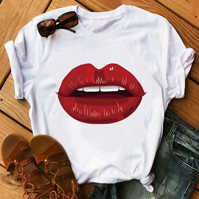

ZOGANKIN Fashion Women's Casual Red Lip T-Shirt Short Sleeve Black T-Shirts Female Summer Creativity Zipper Lips Tops