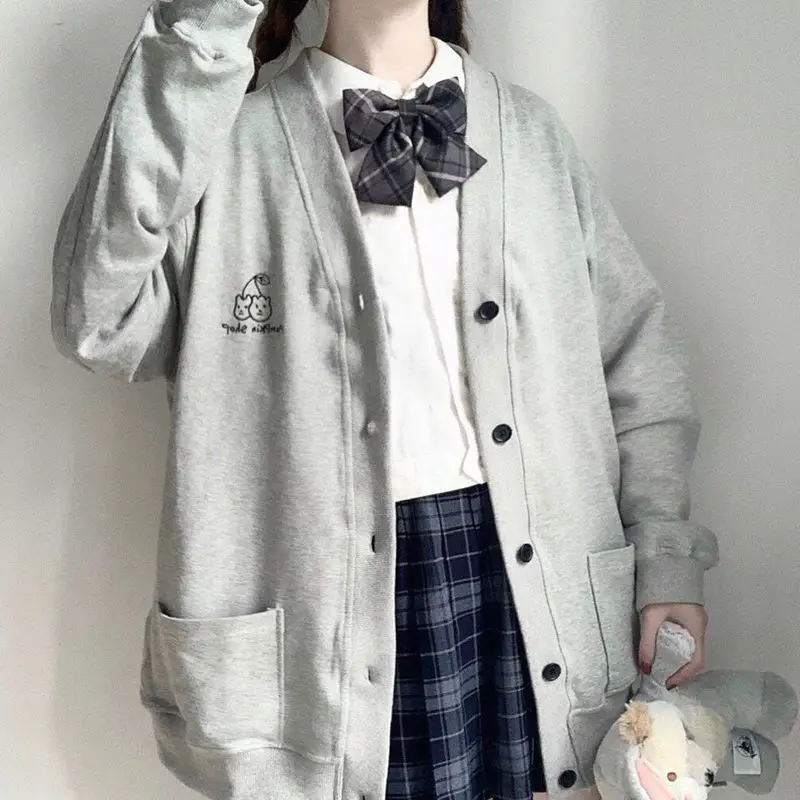 

Японский мягкий кардиган для девочек, свитшот, кавайная свободная универсальная куртка на пуговицах с карманами и вышивкой, женская улична...