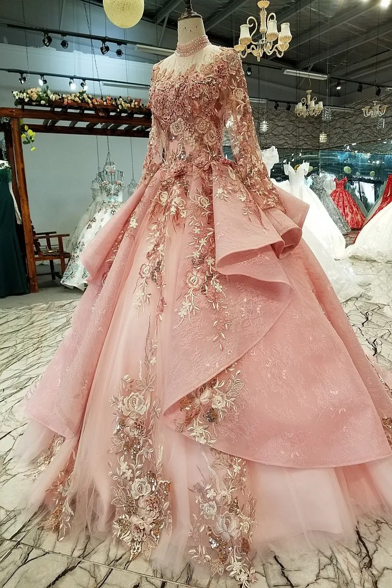 

Luxury Ball Gown Arabic 3D flower Luxury Applique Beaded Diamond lace Bridal Gown Wedding Dress Pink wedding gowns