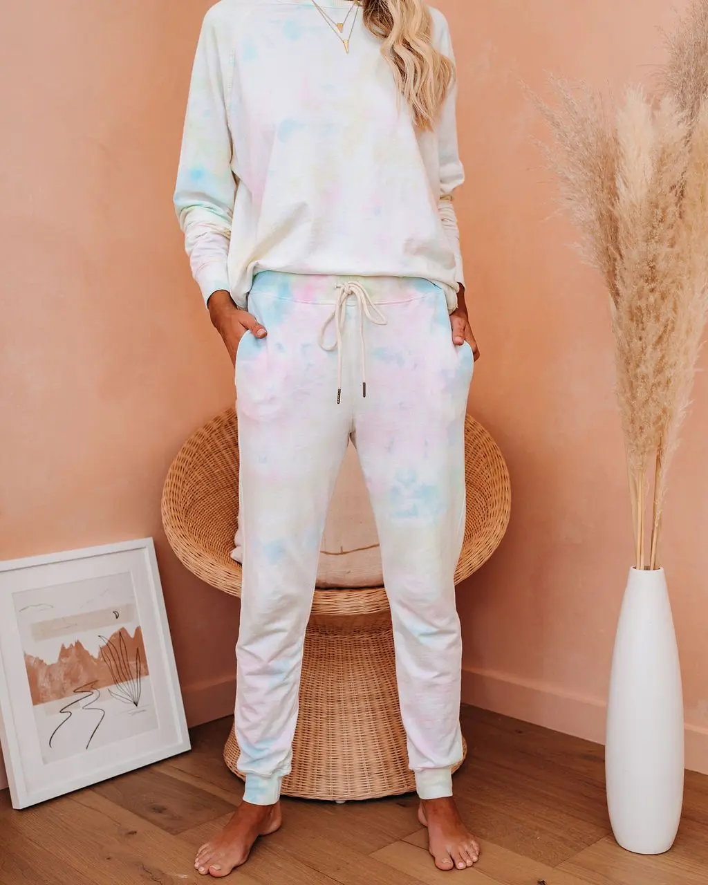 

Tie Dye 2 Piece Outfits Casual Color Block Round Neck Long Sleeves Sweatshirt + Elastic Waist Pants Set