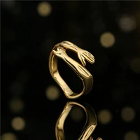 new ins vintage real gold plated two handed hug ring geometric romantic hand adjustable ring for women men fashion jewelry gift