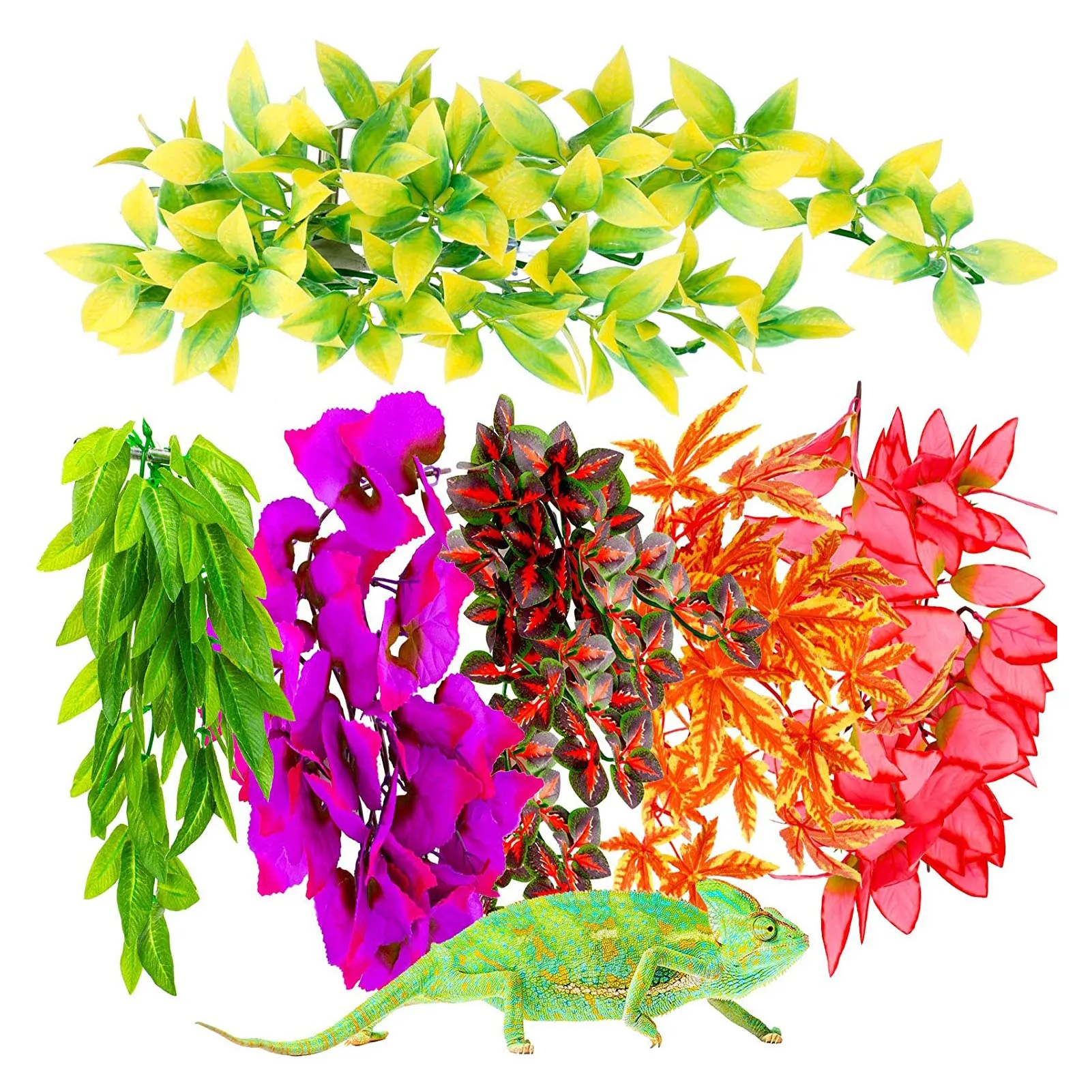 

6PCS Aquarium Reptile Fish Tank Durable No-Fade Artificial Plastic Fake Hanging Leaves Plant Ornament With Suction Cup