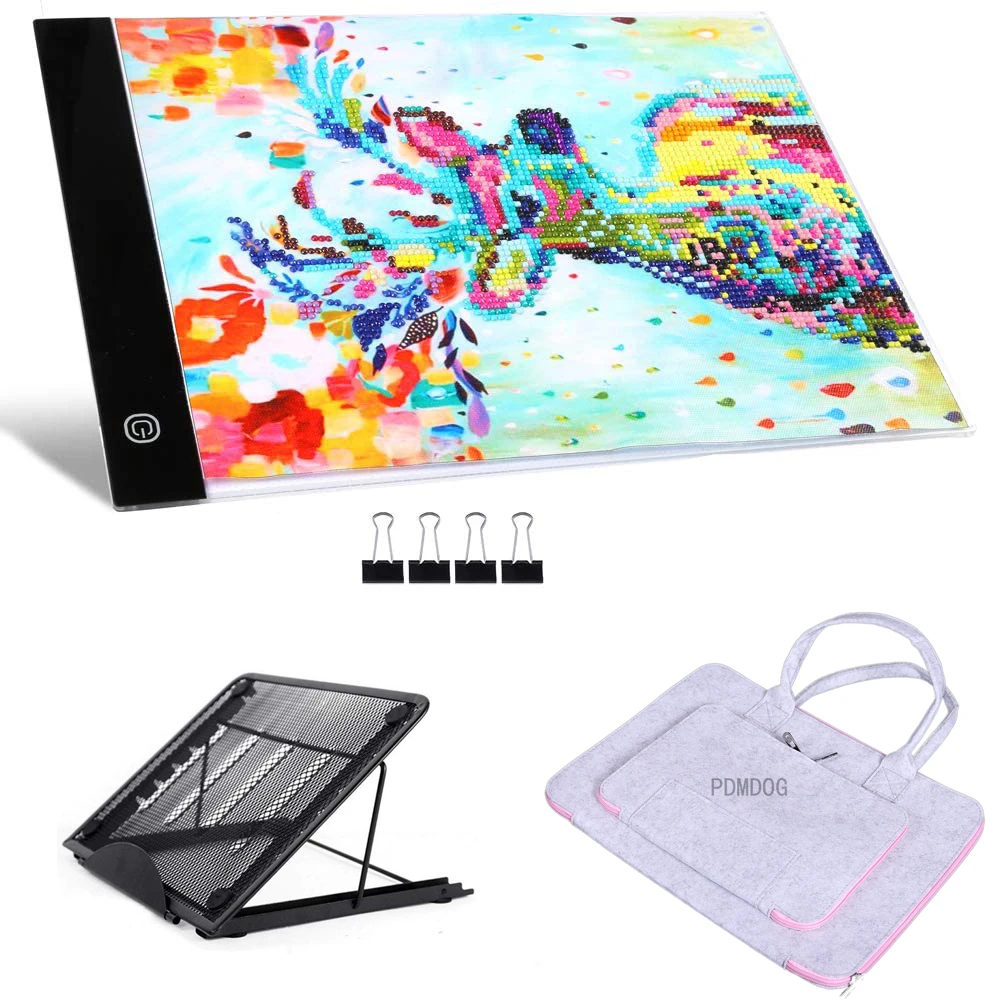 

PDMDOG Diamond painting A4 5D LED light mat set includes suitcase bag, A4 LED light mat, metal bracket and black clip