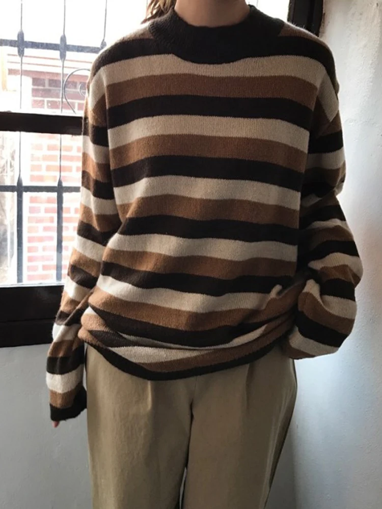 

2021 New Women's Japanese Harajuku Stripe Loose Long Sleeve Sweater Student Korean Knitted Jumper Pullovers