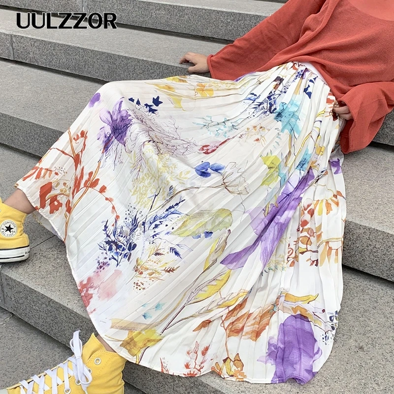 UULZZOR цветочный принт длинная юбка женские юбки эластичная талия Boho Свободные