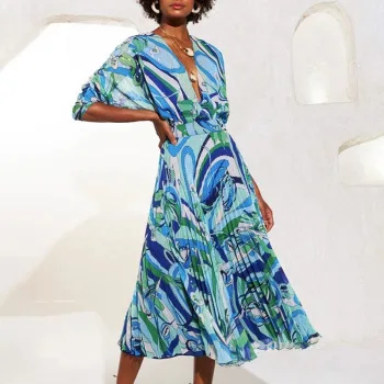 

SuperAen Spring New 2021 Fashion Printing Big Swing Sexy V Neck Waist Short Sleeve Long Pleated Dresses for Women