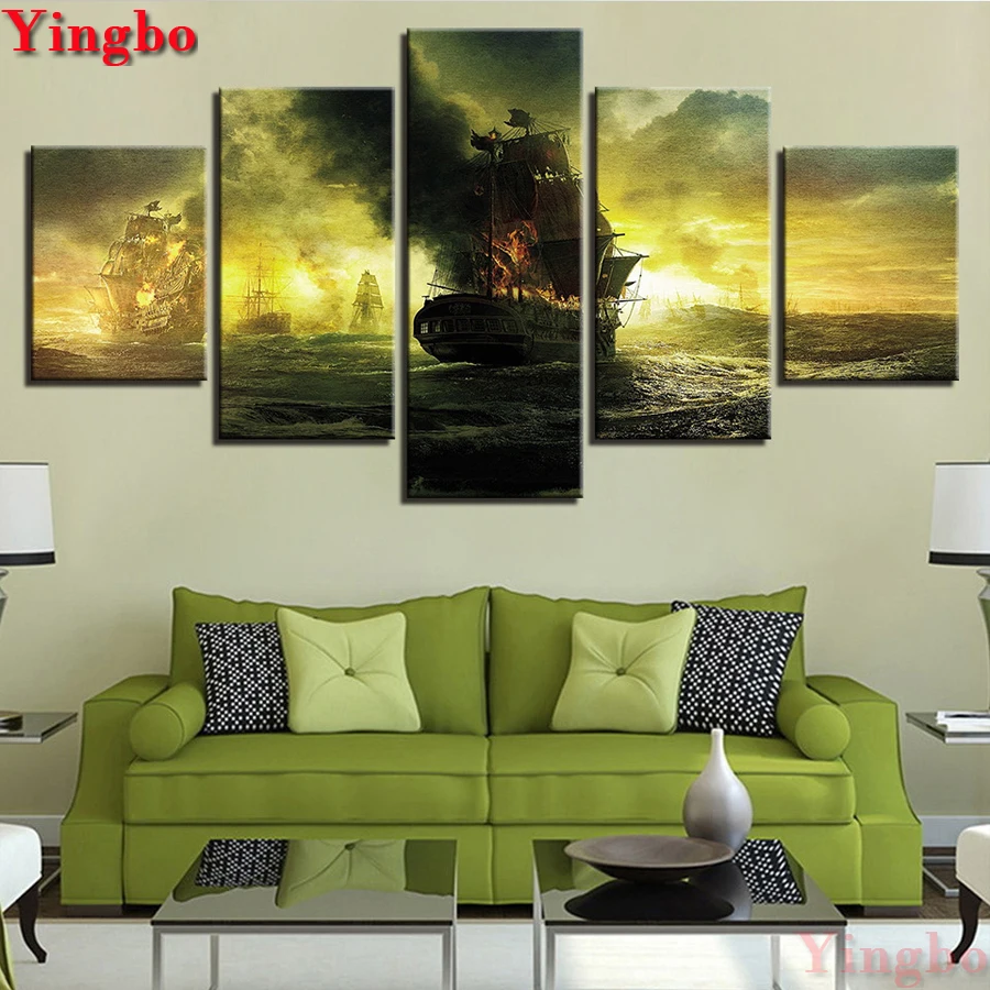 

5D DIY Полная квадратная круглая Алмазная картина Лодка Пейзаж 5 панель Алмазная вышивка-мозаика стразами вышивка крестиком домашний декор