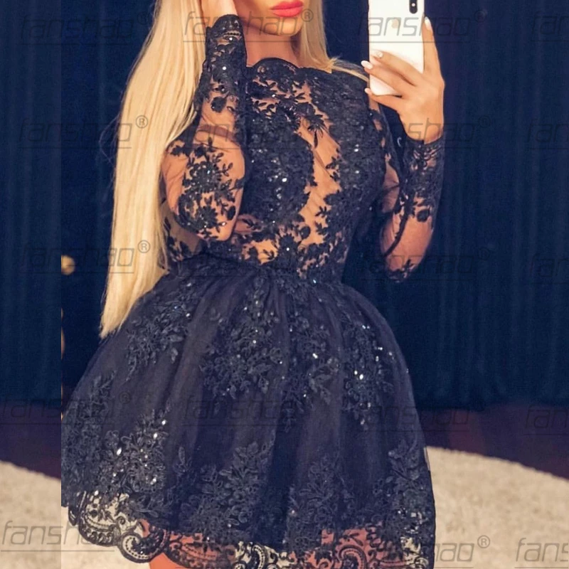 Прозрачный черный коктейльные платья трапециевидной формы с круглым вырезом