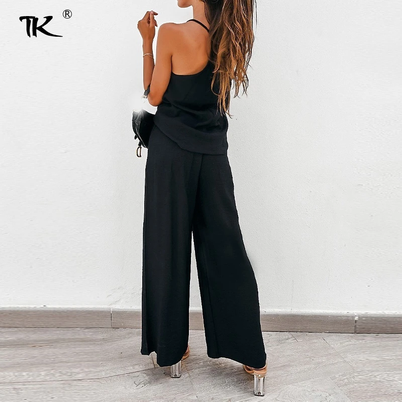 

Women's Solid Suit V-Neck Backless Tank Tops Wide Leg Straight Loose Pants Two Piece Women Set Casual Ladies Summer Fashion 2021
