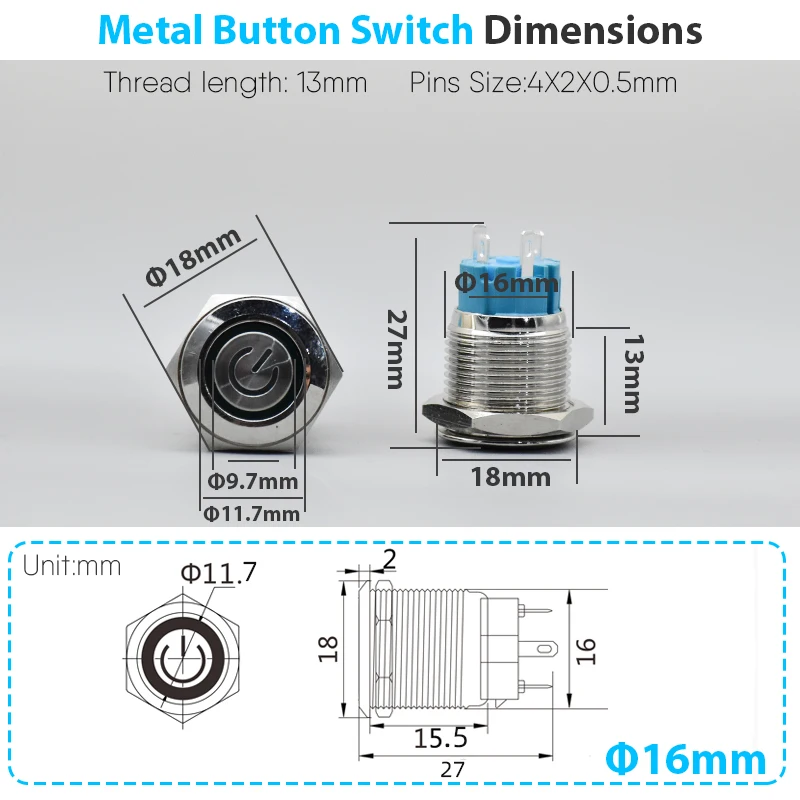 1 шт. 16 мм металлический кнопочный переключатель мгновенный Самостоятельная