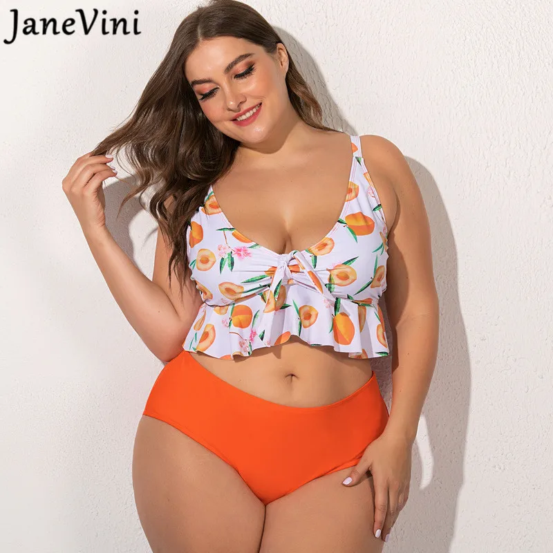 

JaneVini 2021 Summer Orange Swimsuit Women 2 Pieces High Waist Plus Size Ladies Floral Sexy Bathing Suits Swimwear Bikini Set