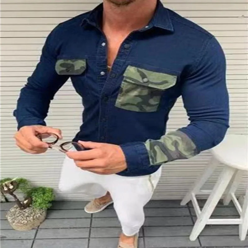 Men Slim Denim Shirt Loose Casual Jacket Stitching Polo Collar Jacket Top Men Camouflage Patchwork Long Sleeve New Male Shirt