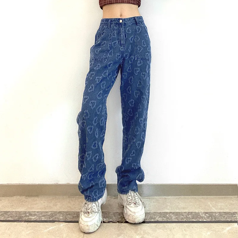 

Autumn Women Wide Leg Jeans Ladies Casual Y2K High Waist Heart Pattern Loose Zipper Denim Pants with Pockets Trousers Streetwear