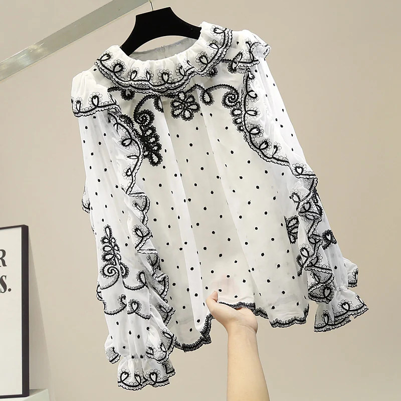 

Chiffon Elegant Shirt Women French Heavy Embroidery Lace Tops Fashion Design Versatile Lotus Leaf Bubble Long Sleeve Blouse