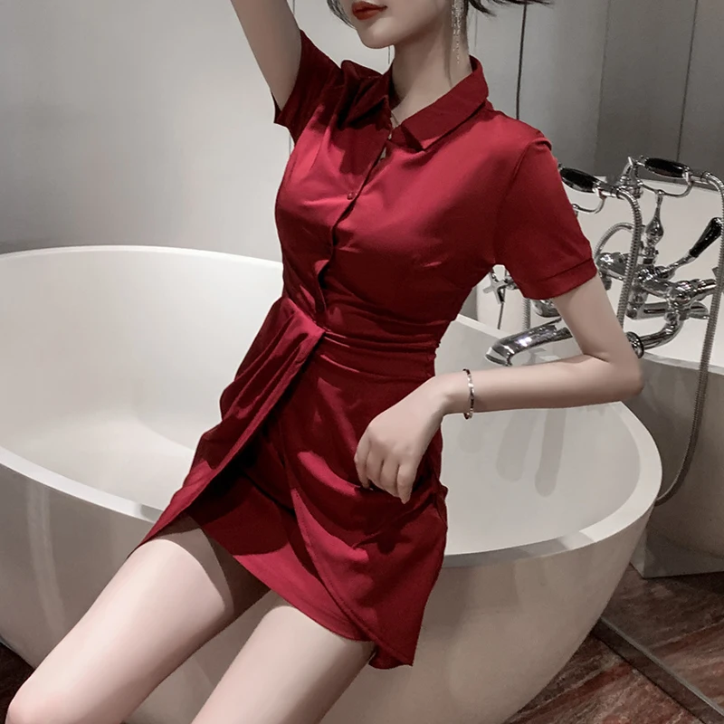 

Women 2021 Summer New High-Class Sense Of Elegance And Chic Lapel Irregular Short-Sleeved Dress With Waist Sexy Vestidos
