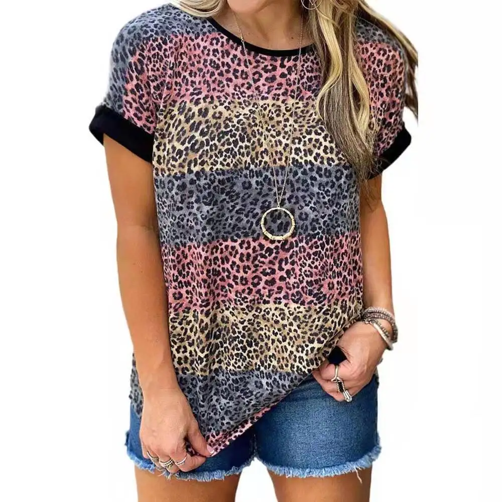 Leopard O Neck Short Sleeve T Shirt Women Contrast Color Patchwork Streetwear Casual Loose Tops Female Tee Shirt