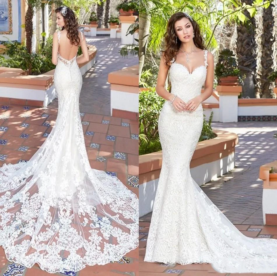 

Country Mermaid Wedding Dresses Hot Backless Spaghetti Neck Full Lace Applique Bridal Gowns Court Train Cheap Wedding Dress