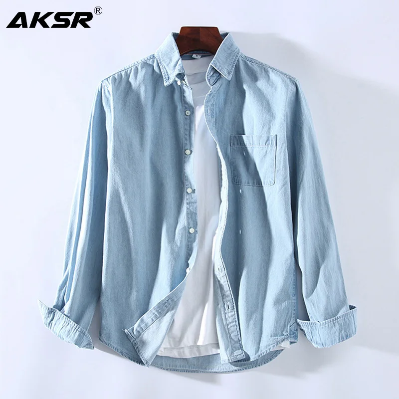Мужская хлопковая рубашка с длинным рукавом Повседневная джинсовая