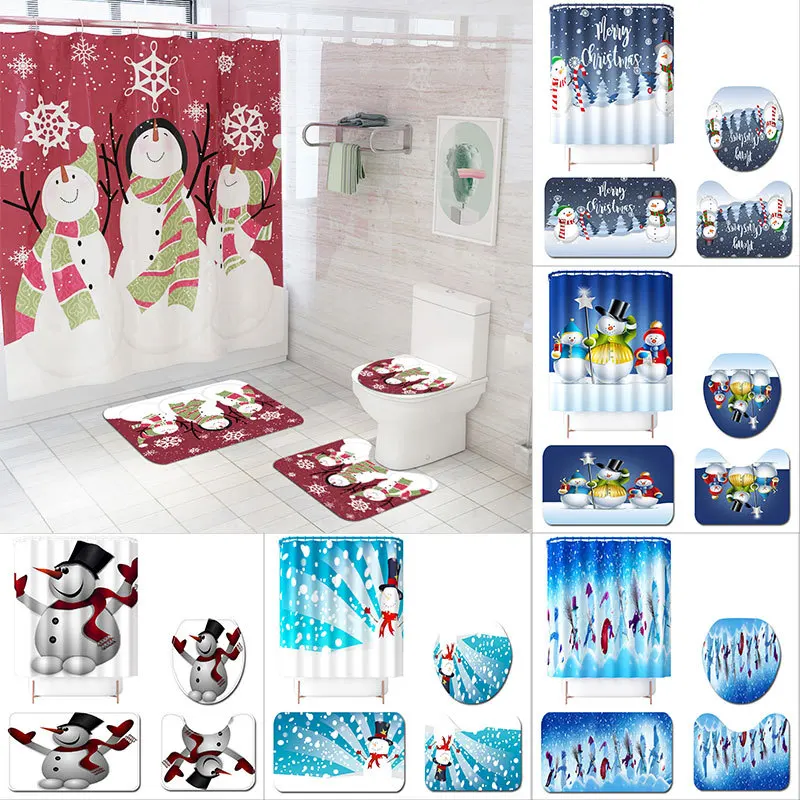 

Home Decor Bath Mat Snowman Print Bathroom Carpet Rug Waterproof Shower Curtain Absorbent Toilet Rugs Non-Slip Floor Rug Set