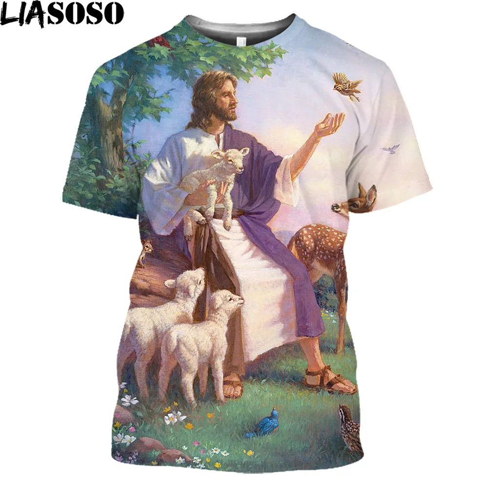 

LIASOSO Summer Vintage Streetwear Harajuku God Cartoon Men Tee Shirts Religion Christ Jesus 3D Print Men's T-Shirt