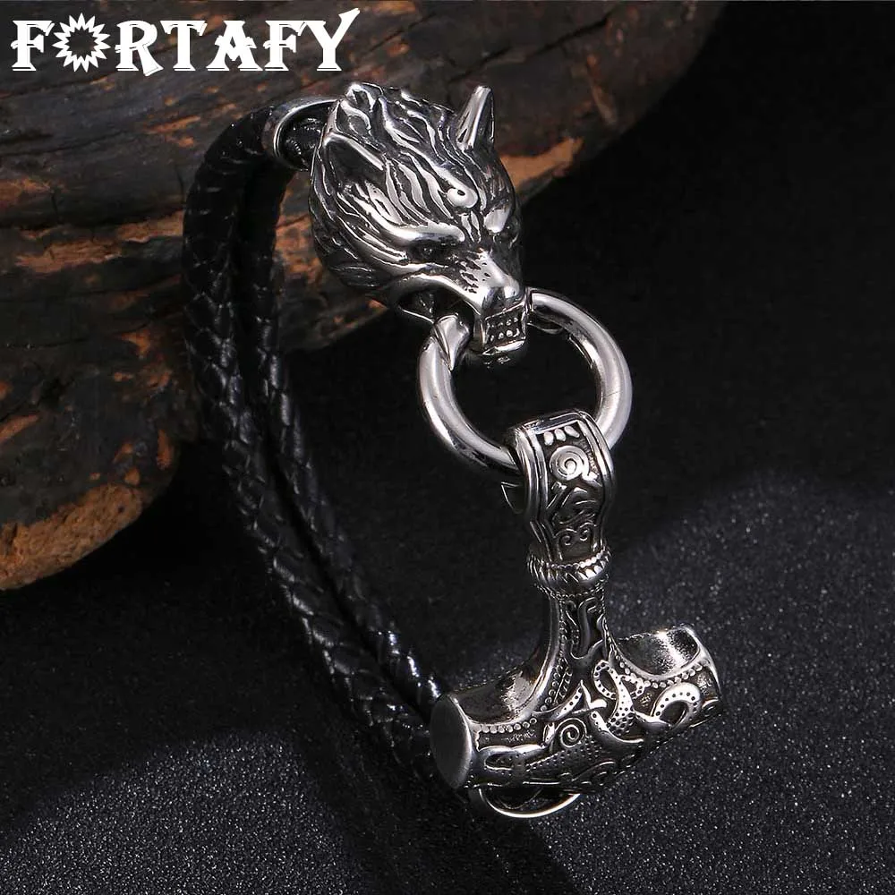

FORTAFY Stainless Steel Wolf Head Norse Viking Amulet Thor Hammer Men Leather Bracelet Bangle Punk Vintage Male Jewelry FR1088