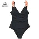 Слитный женский купальник CUPSHE, черный с розовыми рюшами, с цветными блоками, с V-образным вырезом, милый купальный костюм, 2021