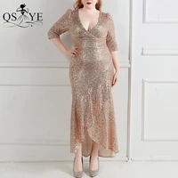 sparkle gold short prom dress high low sequin evening gown mermaid glitter v neck party plus size long sleeves gold formal gown