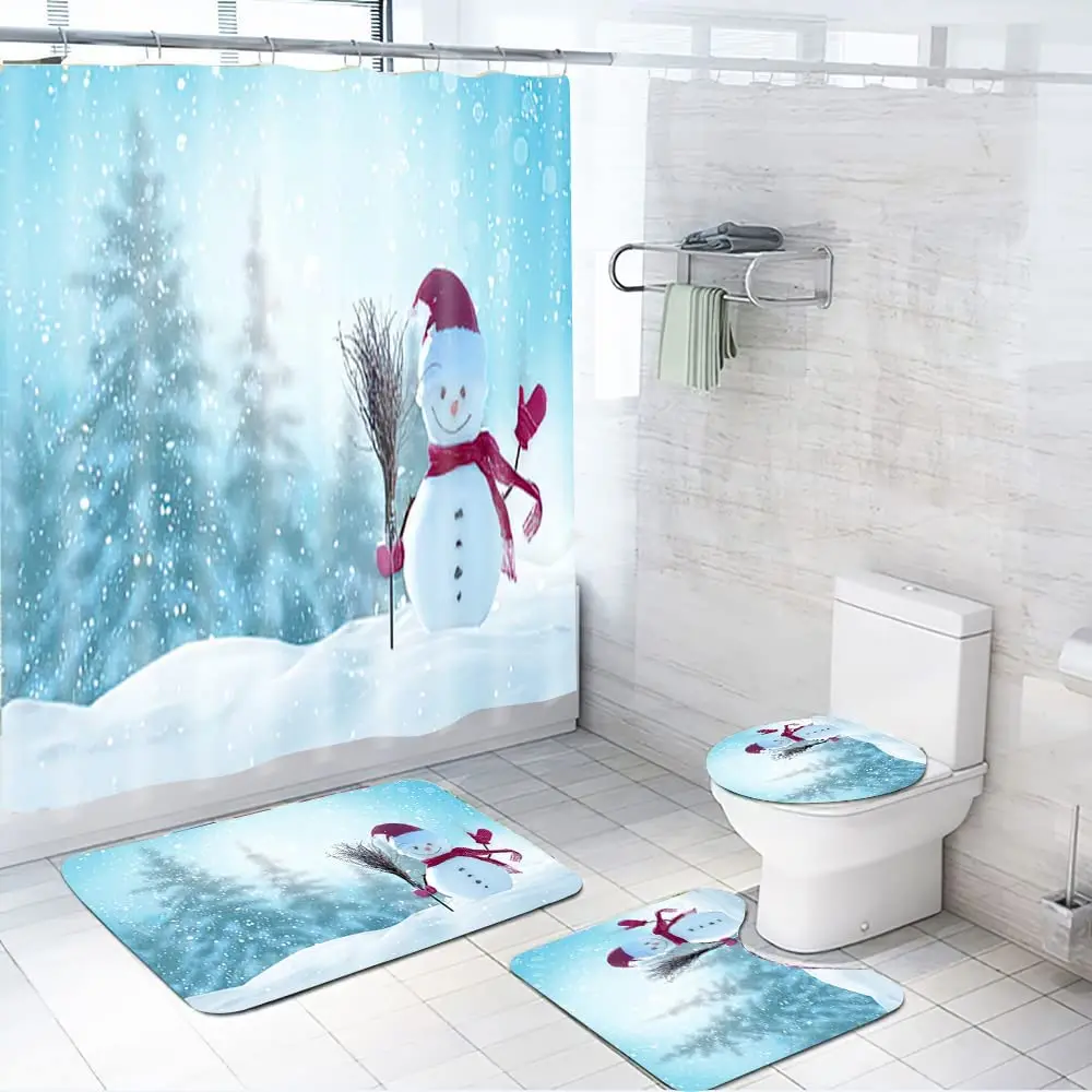 

Набор рождественских занавесок для душа с принтом снеговика, чехол на ковер, чехол для унитаза, коврик для ванной, наволочка, занавеска для в...