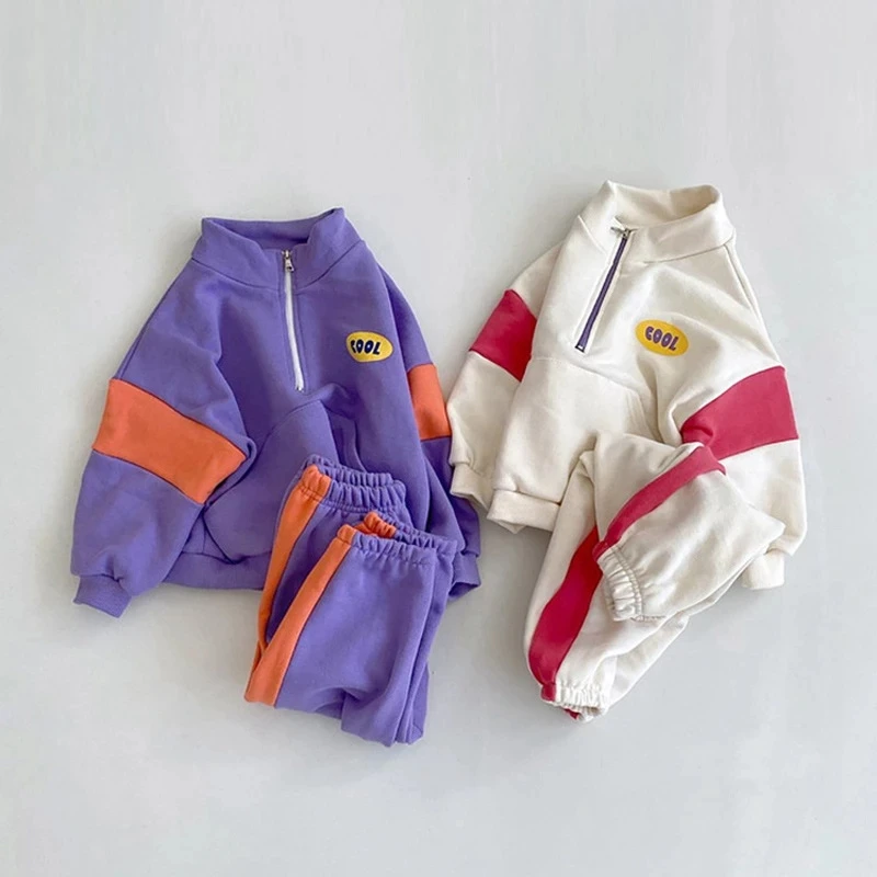 

2021 Autumn Boys Girls Sweatshirt Clothing Sets Baby Kids Tops+ Sports Pants 2pcs Children Vintage Patchwork School Uniform