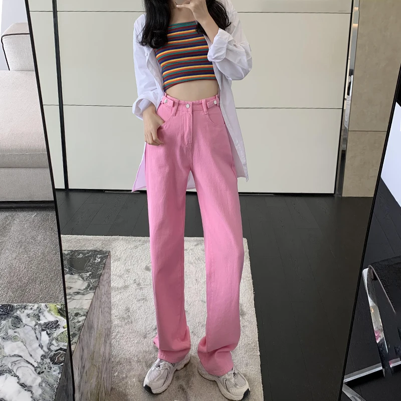 

ZHISILAO New High Wiast Straight Women Jeans Vintage Pink Loose Wide Leg Denim Pants Boyfriend Mom Jeans 2021