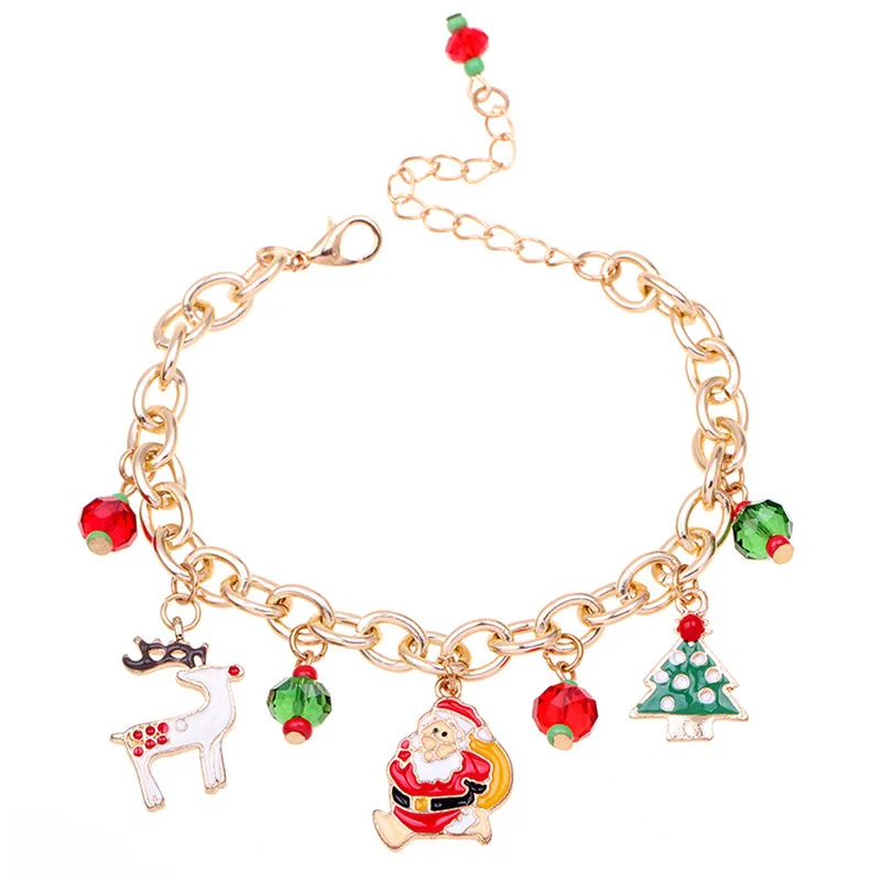 

New Year Decoration 2022 Christmas Jewelry Charm Santa Claus Bracelet Alloy Dripping Christmas Tree Elk Bracelet Gift Ornament