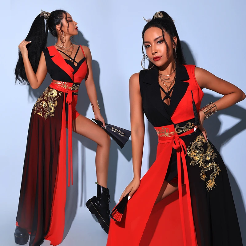 

Chinese Style Gogo Dancer Costume Women Jazz Dancewear Festival Clothing Red Dancer Outfit Hip-Hop Clothes Stage Costume DL8407