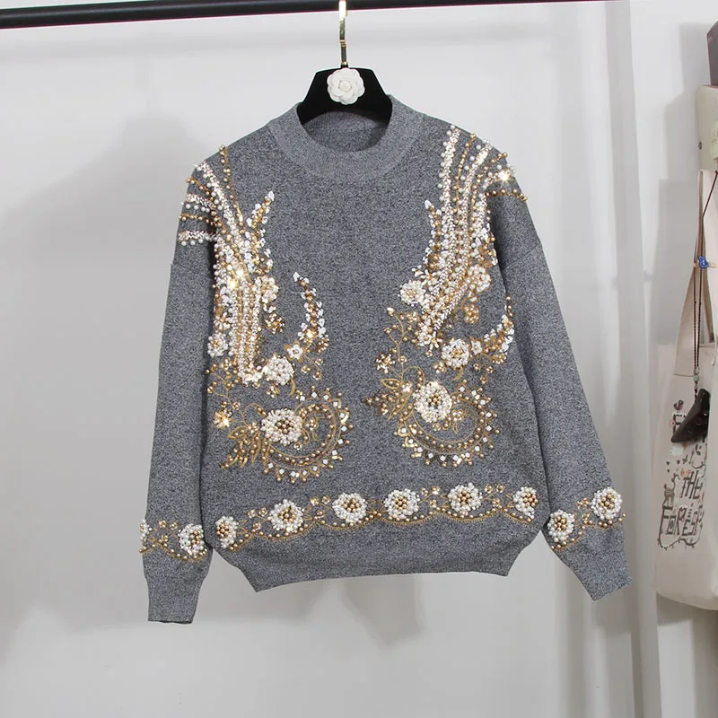 

Fashion Beading Sequins Embroidery Knitted Tracksuit Women Outfits Korean Loose Black Gary Knit Sweater Pencil Pants Set Female