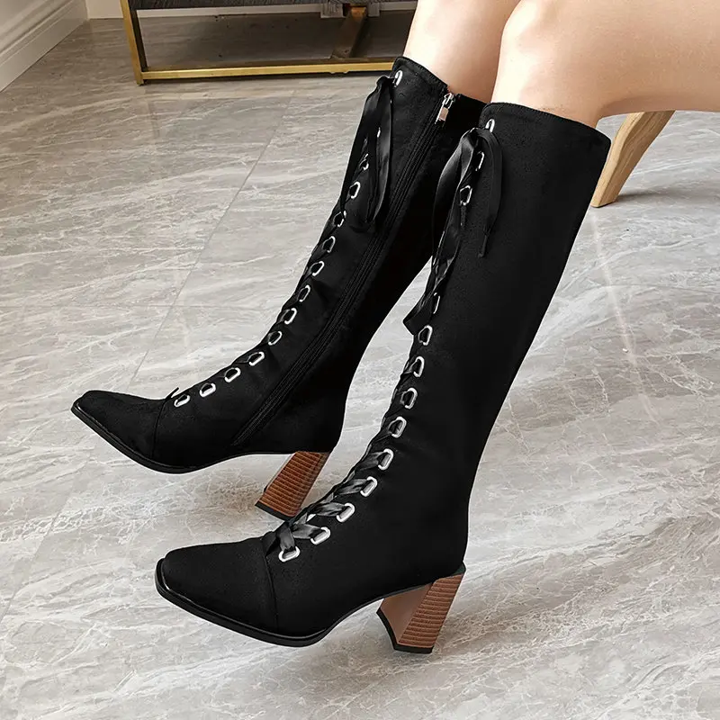 

2021 High Heels Women Knee High Boots New Winter Warm Long Boots Party Shoes Woman microfiber leather Female Riding Boots