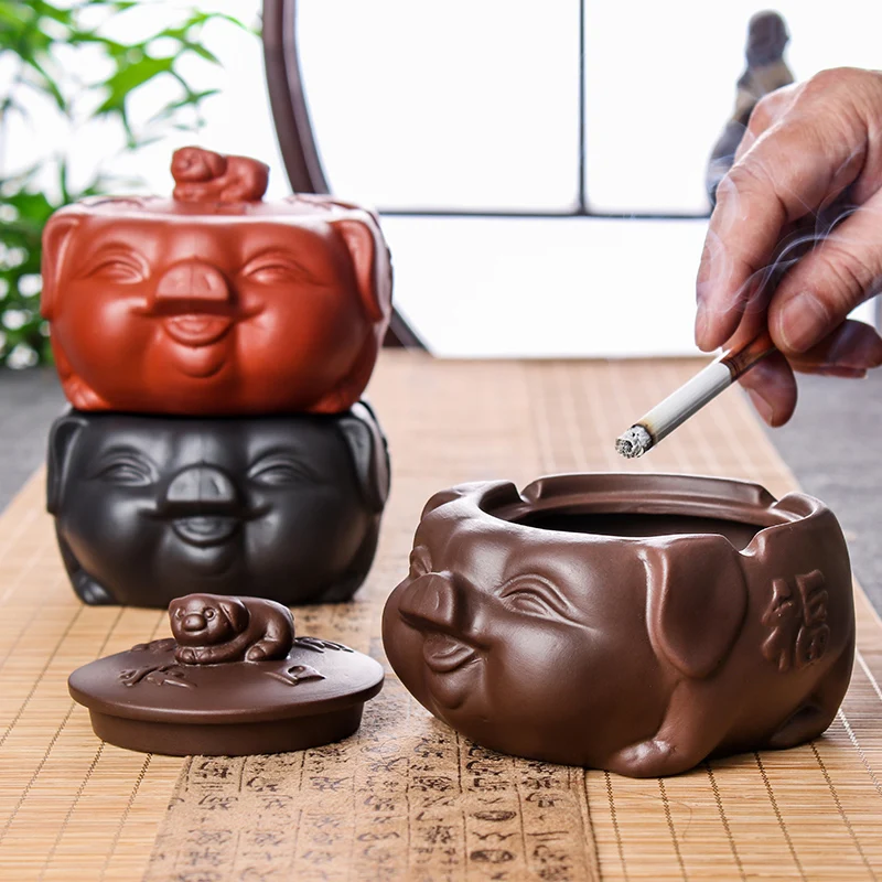 

Yixing Zisha Sculpture Decoration Tea Playing Tea Pet Practical Ashtray with Lid Creative Smiles Often Open Household Ashtrays