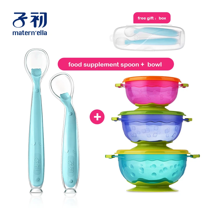 spoon bowel Matern'ella, 2 шт.+ коробка, Детские Силиконовые ложки, посуда для кормления, посуда для детей, столовые приборы, силиконовая ложка - Цвет: spoon bowel