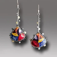 ethnic triangle blue red yellow stone earrings vintage jewelry silver color long dangle metal boho earrings women