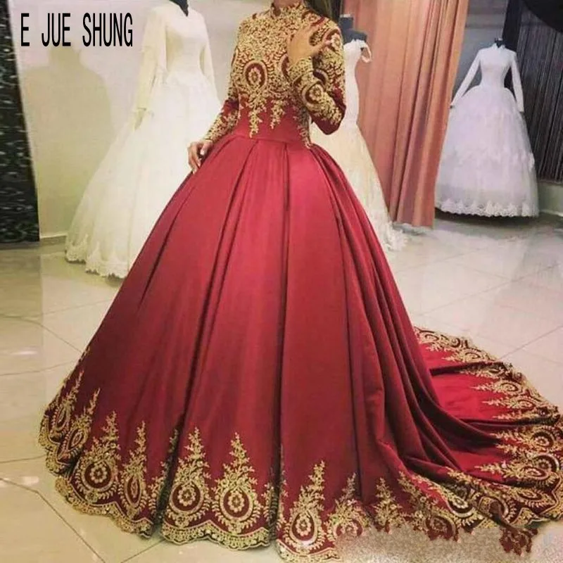 

E JUE SHUNG Vintage Gold Lace Muslim Wedding Dresses Long Sleeves High Neck Appliques Burgundy Bridal Gowns vestido de noiva