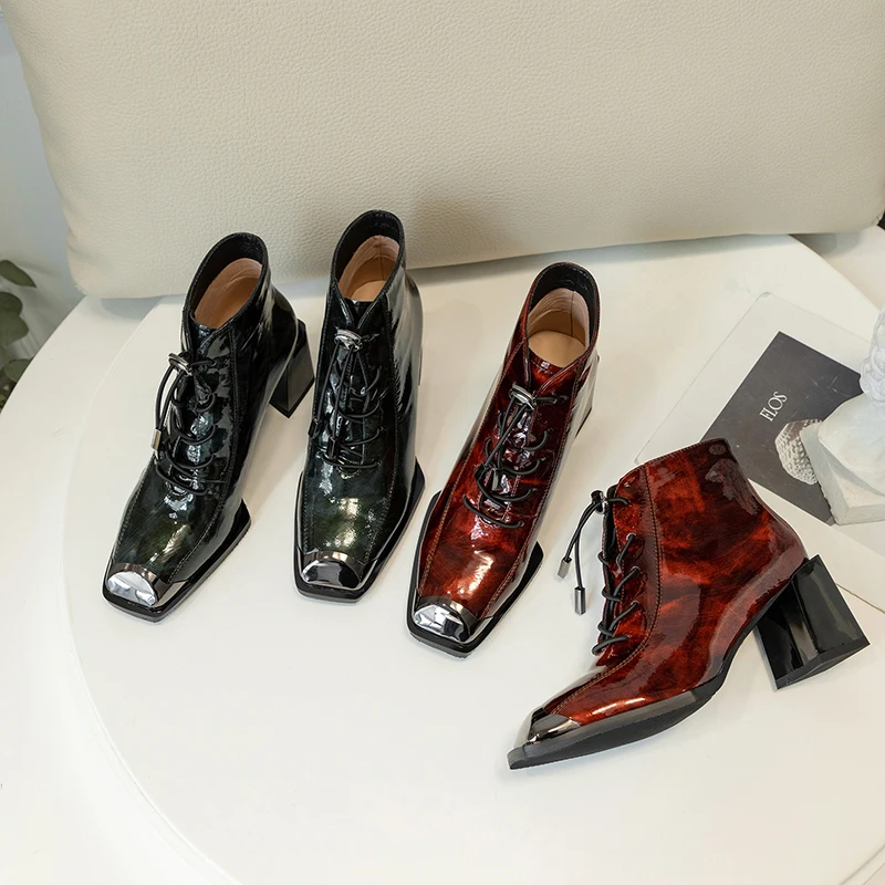 

Women's ankle Boots print Genuine Leather metal Square Toe Thick high Heels boots Working Night Club Shoes Woman