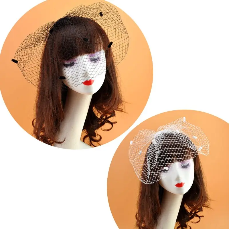 Womens Vinrage Elegant Wedding Fascinator Fishnet Mesh Veil Large Hole Small Plush Wave Point Solid Color Hair Clip |