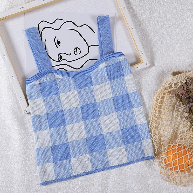 OUMEA женские вязаные топы укороченный топ в клетку на бретелях милые летние