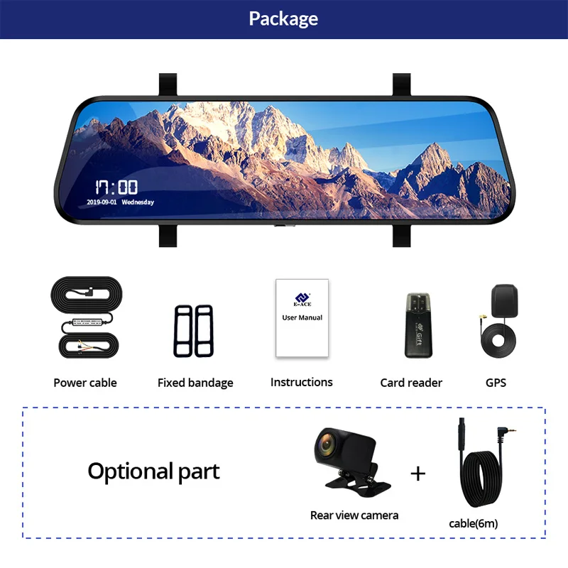 E-ACE Car Dvr ADAS 4G 10" IPS mirror Dash cam Video Recorder Full HD 1920x1080 Dual Lens Rear View Mirror Android GPS Car Camera
