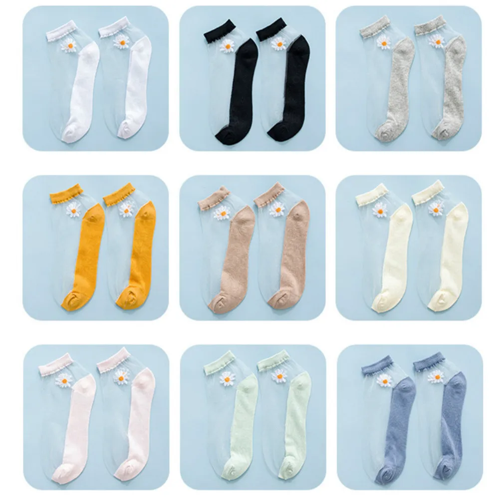 

2021 New Fashion Women Summer Ultrathin Ankle Socks Transparent Daisy Embroidery Lace Silk Elastic Socks Cute Girls Short Socks