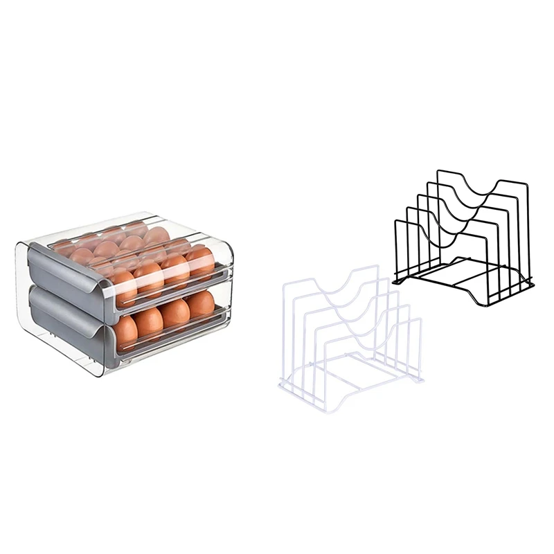 구매 2 팩 4 슬롯 주방 냄비 팬 뚜껑 랙 홀더 주최자 32 그리드 계란 스토리지 더블 레이어 서랍 타입 계란 상자