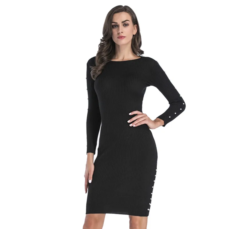 

Express cross border autumn and winter show thin European and American women's pure long sleeve tight knitted dress