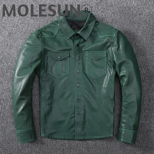 

Модная кожаная мужская куртка, облегающая зеленая куртка из натуральной овчины, мотоциклетная мужская одежда в Корейском стиле, куртка-блу...