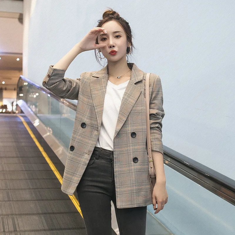 

Women Blazer Office Ladies Notched Collar Plaid Women Blazer Double Breasted Autumn Jacket 2021 Casual Pockets Female Suits Coat