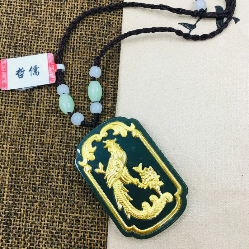 Натуральный нефритовый кулон Zheru инкрустированный Золотой Фениксом подвеска с